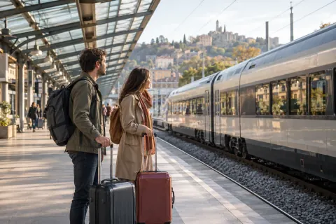 Train et voyageurs sur un quai de gare, visuel généré par IA