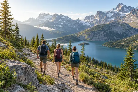 Randonneurs sur un sentier de montagne près d’un lac, visuel généré par IA