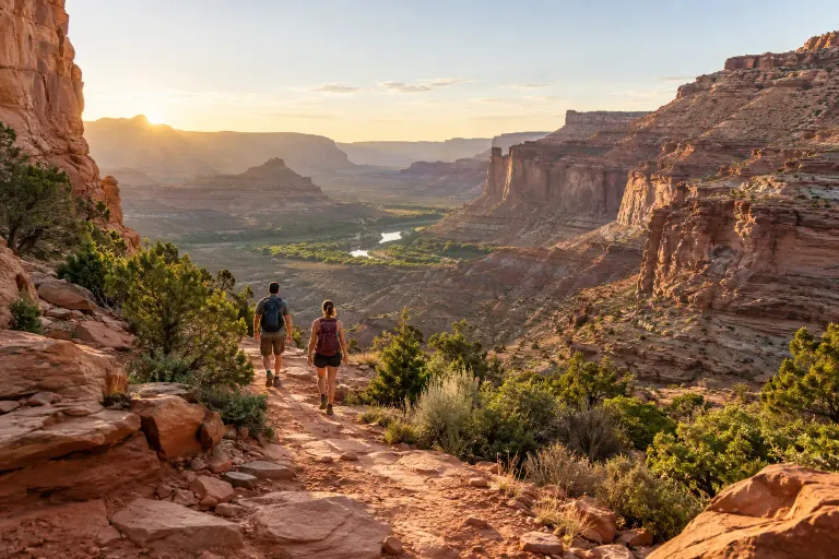 Visuel généré par IA · Scène illustrative Randonneurs sur un sentier dans un paysage de canyon, visuel généré par IA