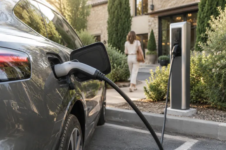 Voiture électrique branchée à une borne de recharge, visuel généré par IA