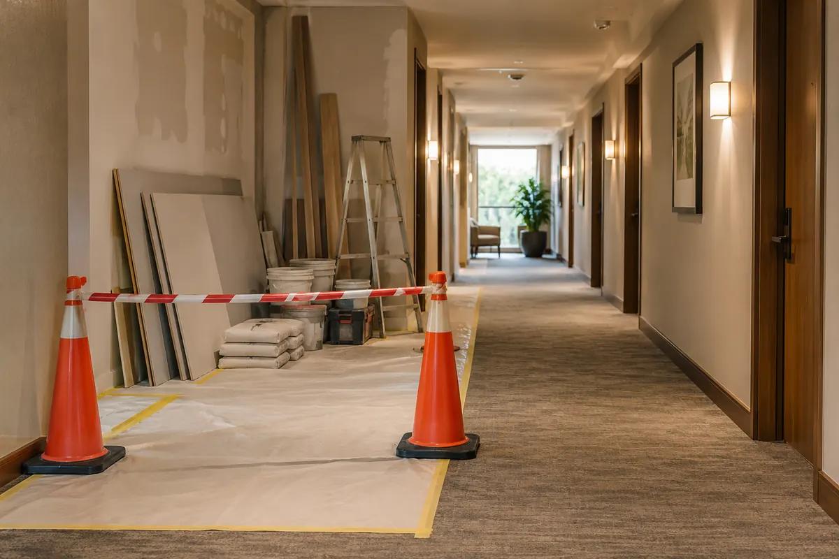Zone de travaux délimitée dans un hébergement fictif, visuel généré par IA