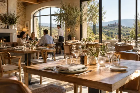 Salle de restaurant éclairée par de grandes fenêtres, visuel généré par IA