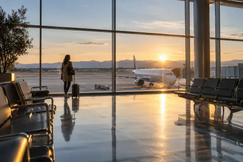 Avion vu à travers les vitres d’un terminal, visuel généré par IA
