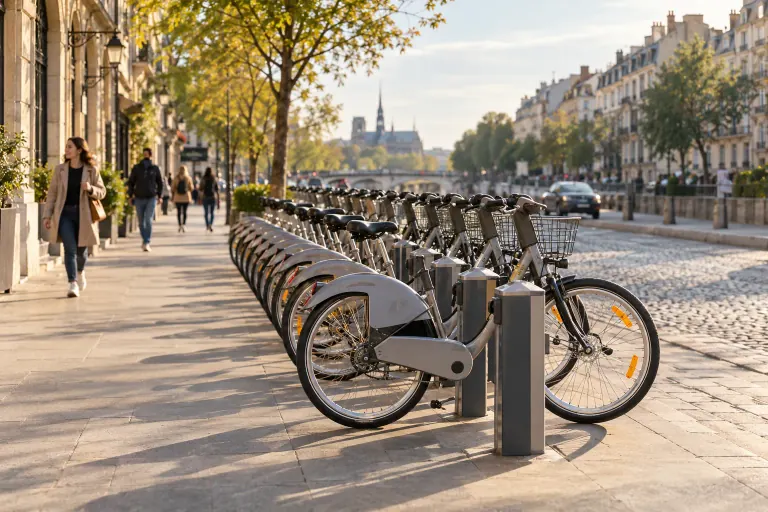 Vélos en libre-service dans une station, visuel généré par IA