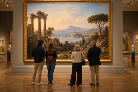 Visiteurs devant une œuvre dans un musée, visuel généré par IA