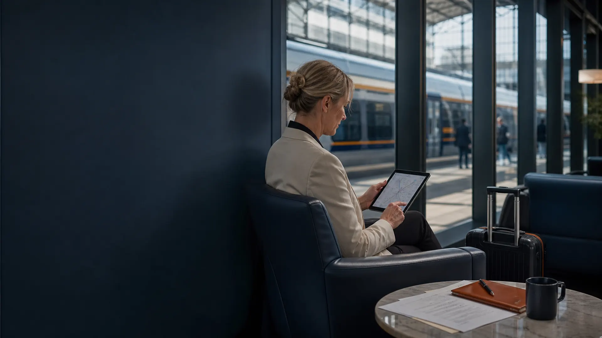 Professionnel préparant un itinéraire multimodal dans une gare européenne
