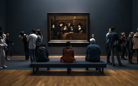 Visiteurs devant une œuvre au Rijksmuseum à Amsterdam