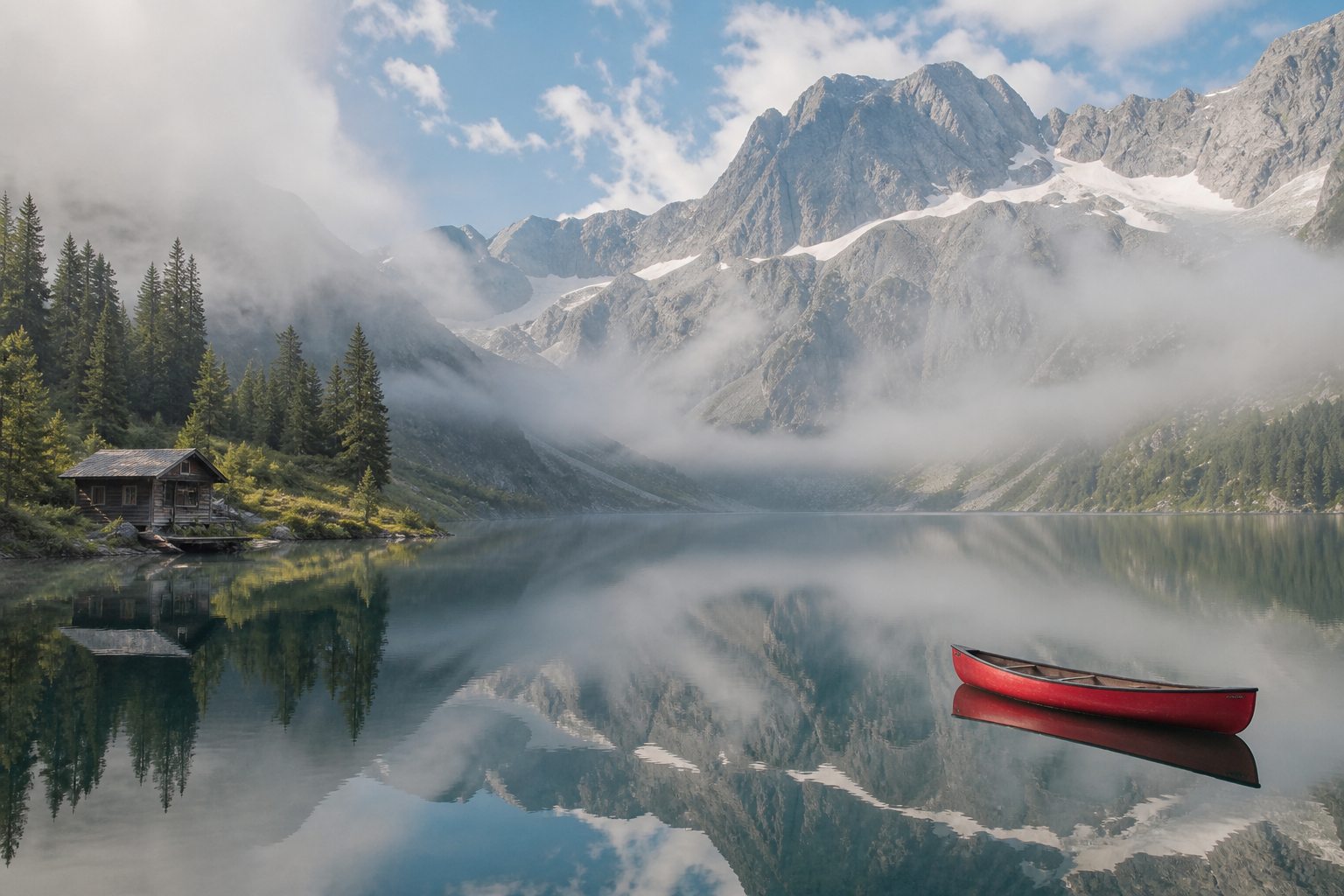 Lac des Alpes au petit matin, cabane et canoë rouge