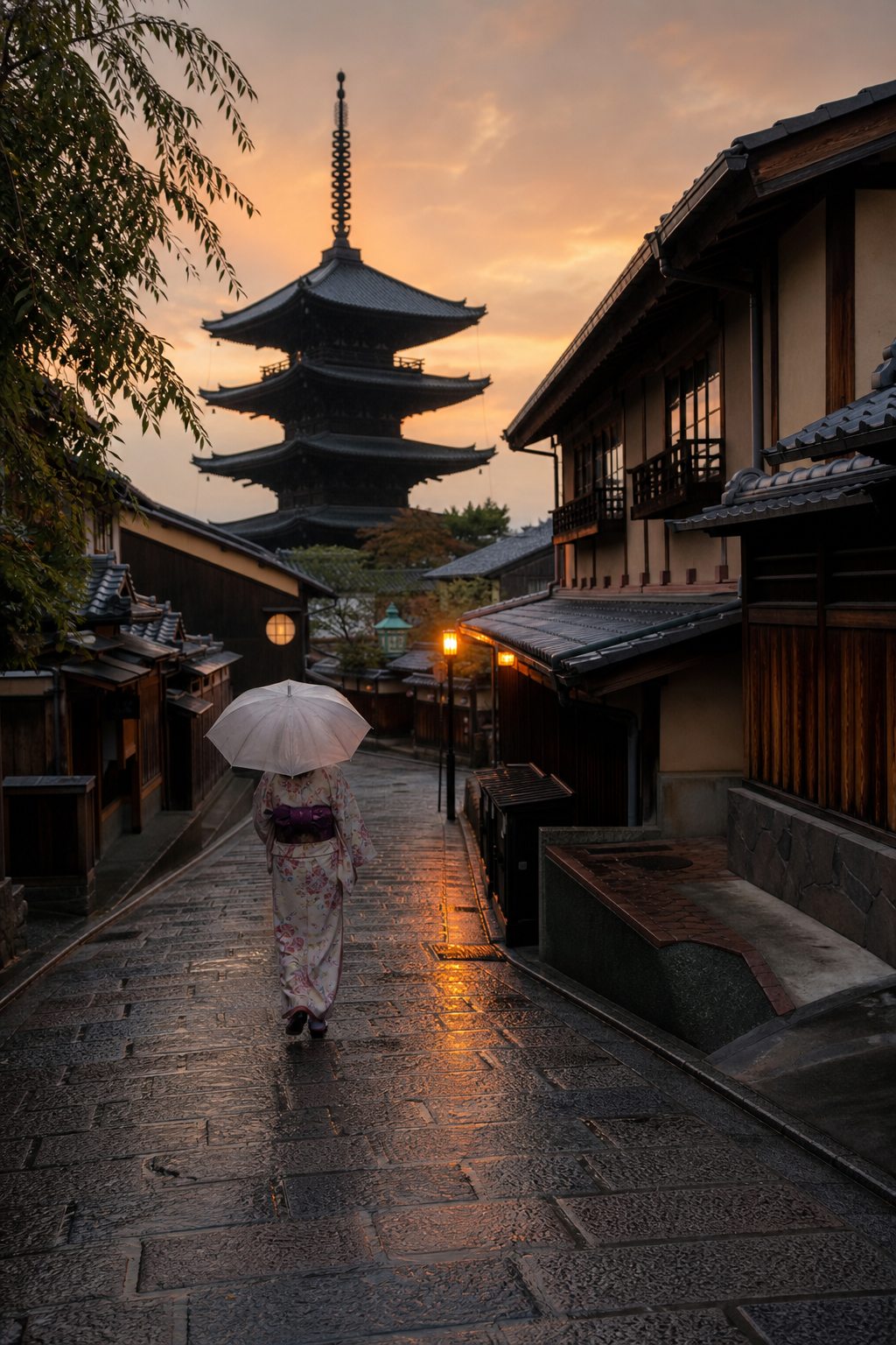 Rue calme de Kyoto sous la pluie, avec un voyageur portant un parapluie