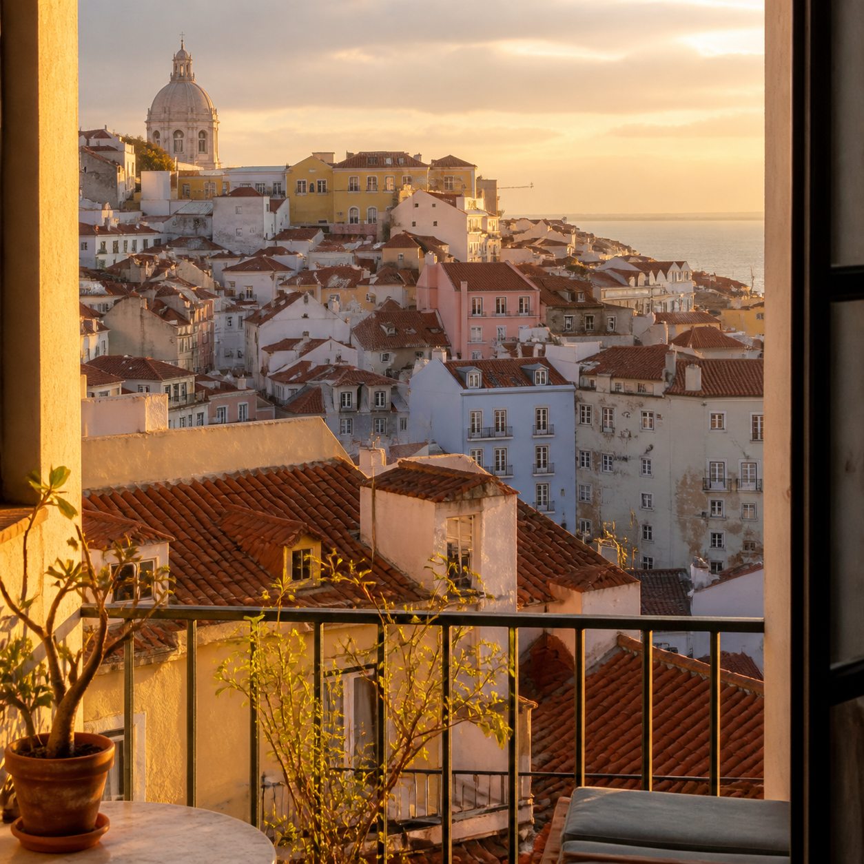 Toits de Lisbonne observés depuis un balcon au soleil couchant