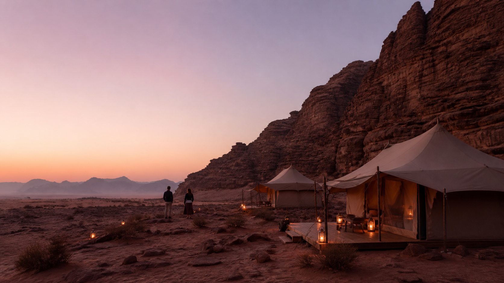 Campement dans le désert du Wadi Rum au crépuscule