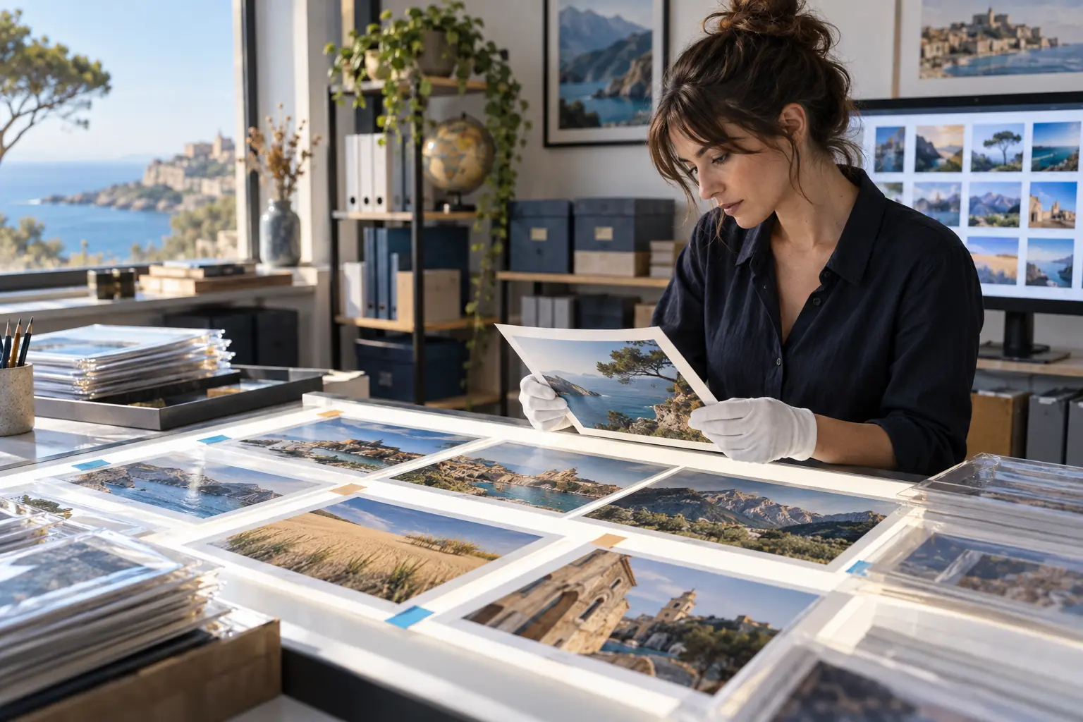 Responsable de photothèque examinant des tirages de paysages côtiers