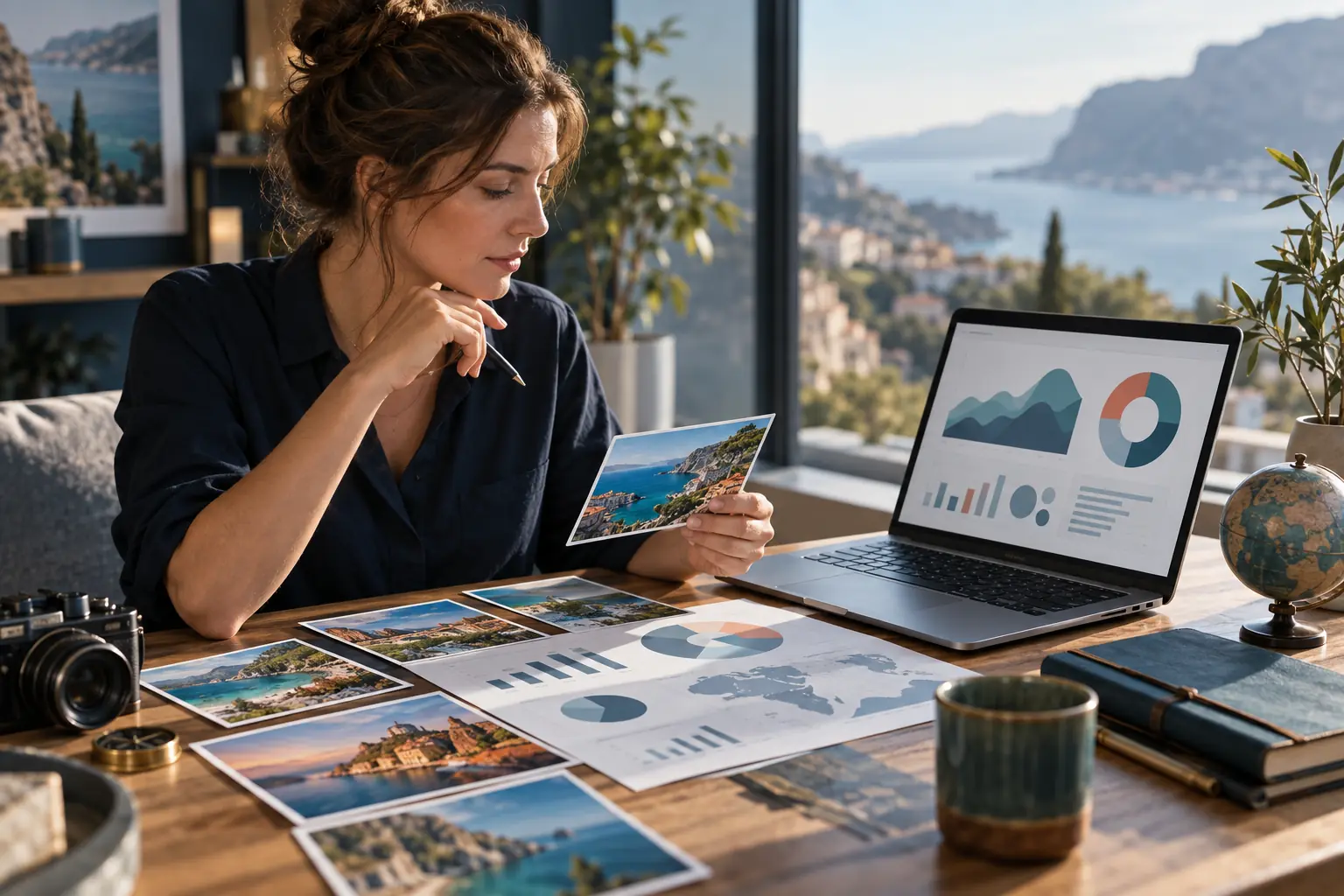 Analyste compare des photographies de destinations et des graphiques de performance