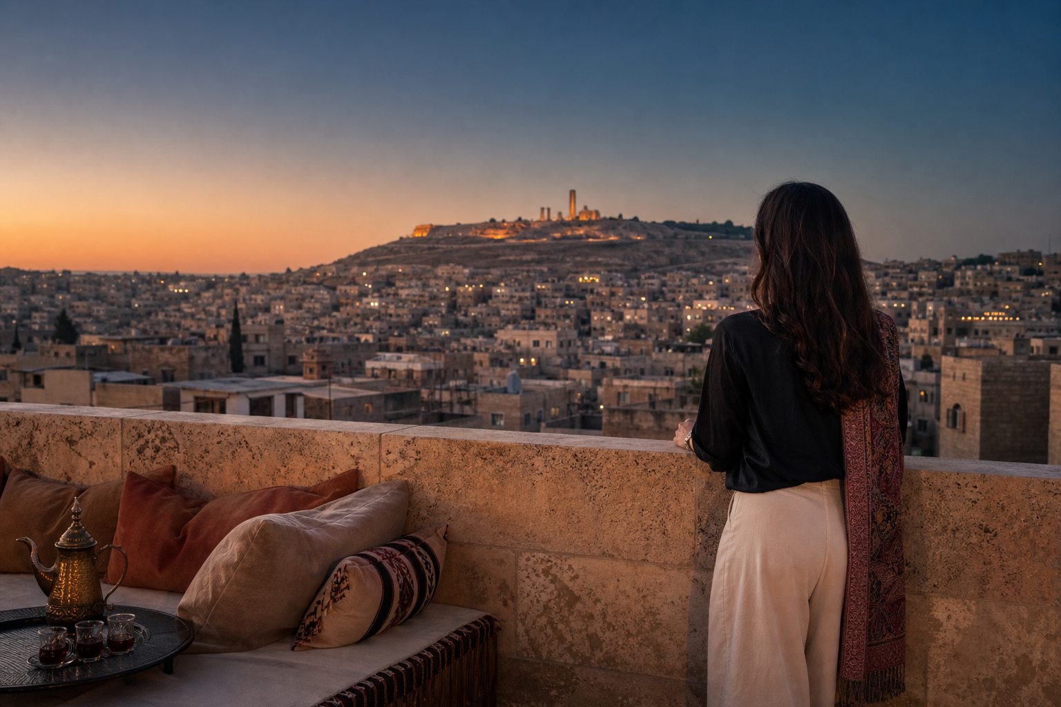 Vue d’Amman au crépuscule depuis une terrasse, avec une voyageuse observant la citadelle