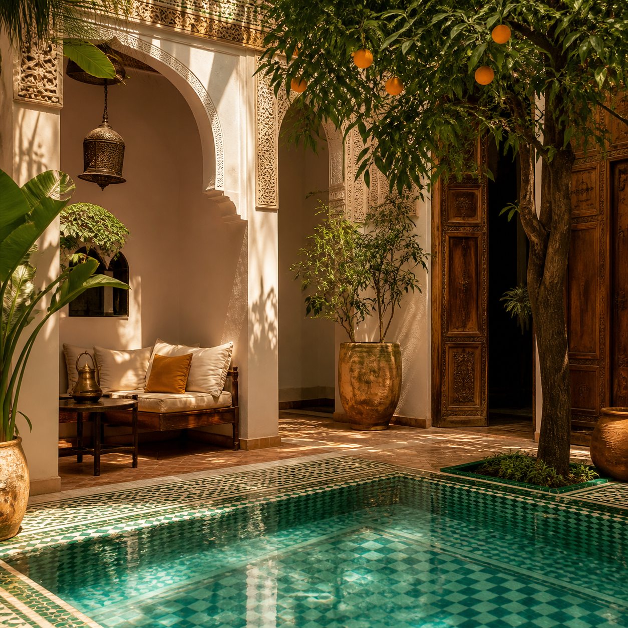 Piscine d’un riad à Marrakech avec carrelages et oranger