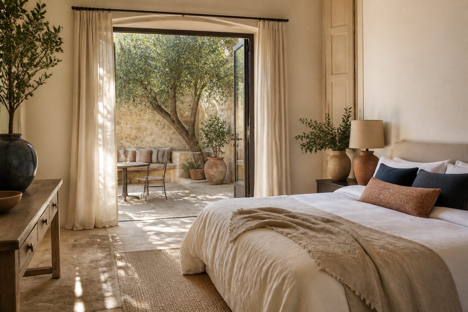 Chambre d’hôtel ouverte sur un patio méditerranéen avec un olivier