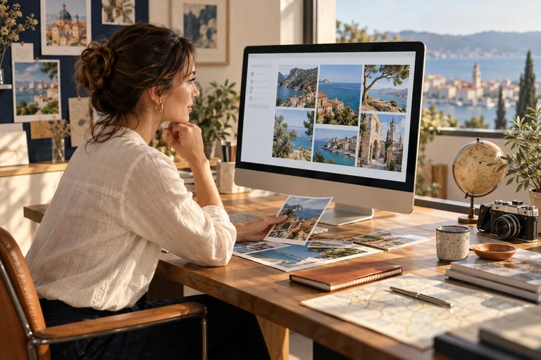 Éditrice voyage sélectionnant des photographies de destinations pour constituer une collection de contenus publiables