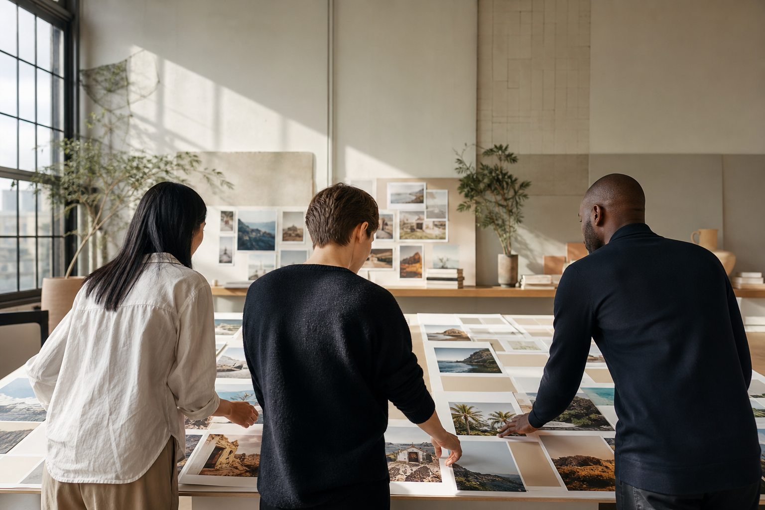 Équipe réunie autour d’une table pour organiser des visuels de voyage