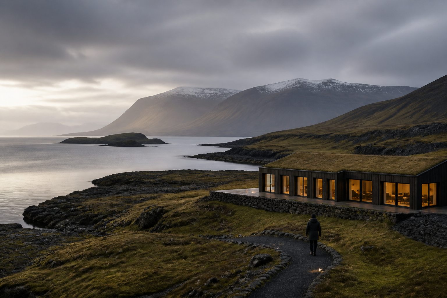 Lodge isolé sur la côte islandaise, avec un voyageur sur un chemin