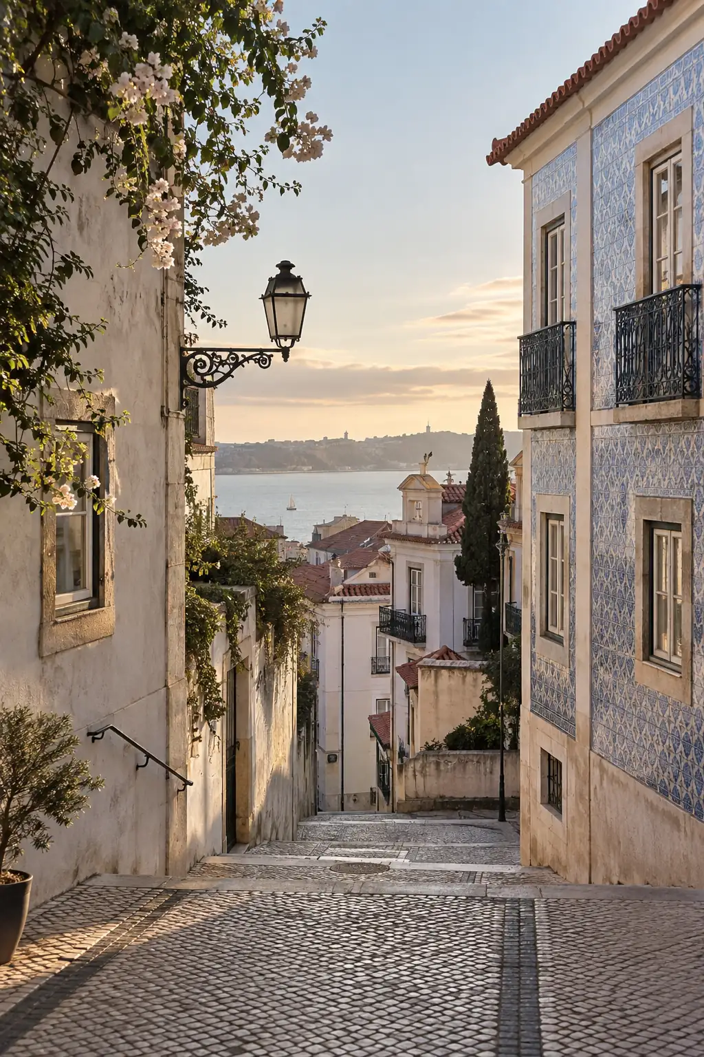Ruelle pavée de l’Alfama ouverte sur les façades de Lisbonne et le Tage