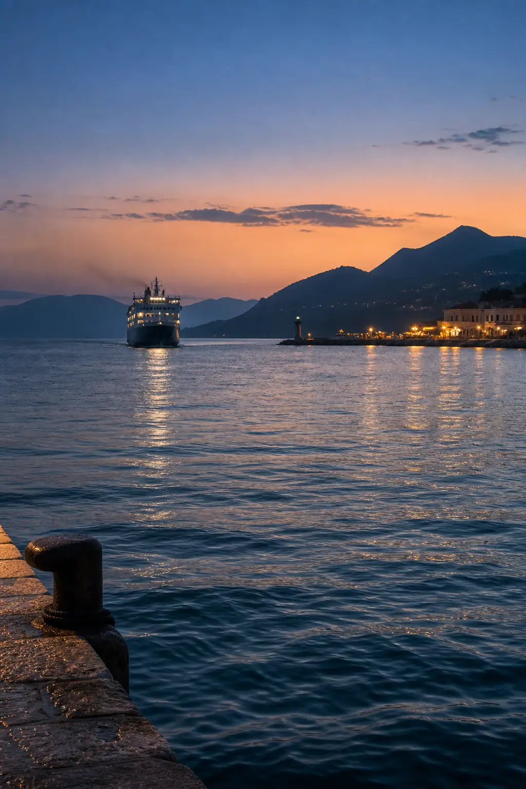 Ferry approchant un port méditerranéen au lever du jour
